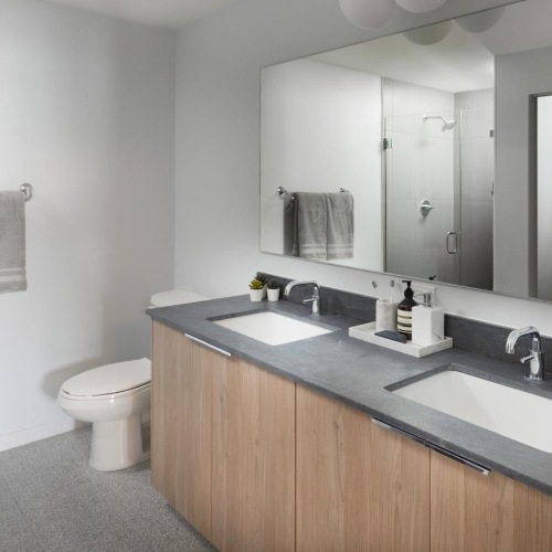 new bathroom with dual sinks and a large mirror 